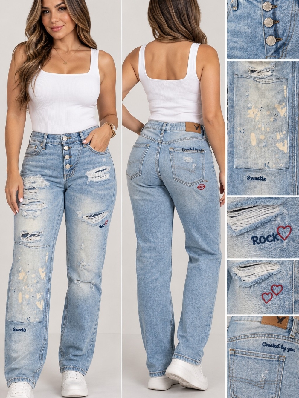 Light Blue High-Waist Distressed Women’s Jeans - Embroidered Detail